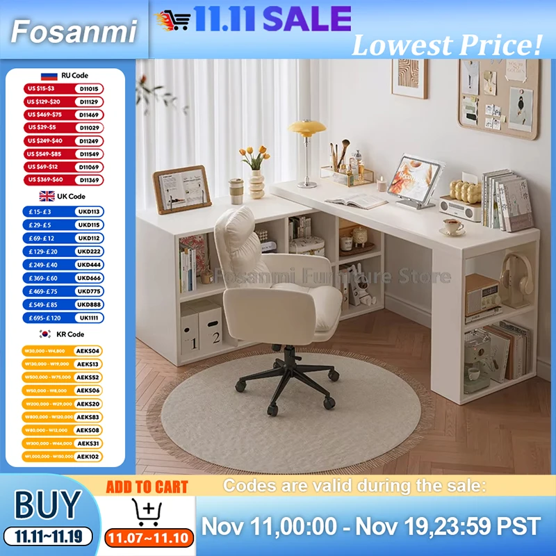 مكتب أبيض متعدد الوظائف قابل للتعديل مع خزانة تخزين، طاولة حديثة قابلة للتمديد لغرفة النوم وغرفة المكتب ومكاتب زاوية بسيطة #1