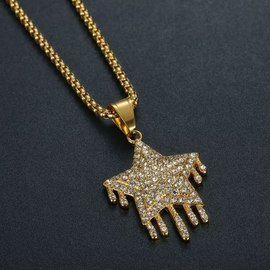 Hip Hop Five-Pointed Star Dropped Iced Out CZ Pendant Women Gold Color Silver Stainless Steel Necklace for Men Rock Jewelry