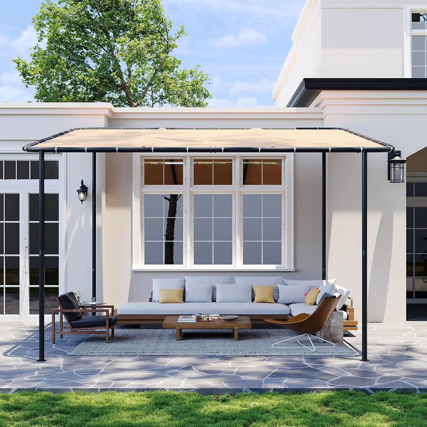 10x12ft Lean to Pergola Gazebo Water & UV Resistant Sloped Roof Wall-Mounted Awning Patio Backyard Deck Garden, Customized