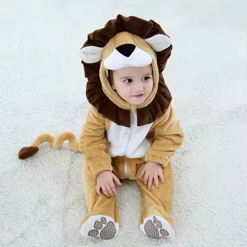 Cartoon Little King of Beasts Lion Costume Romper Jumpsuit for Baby Boy Infant Toddler Winter Outfit Pajamas Flannel Comfy 3-36M - Image 2