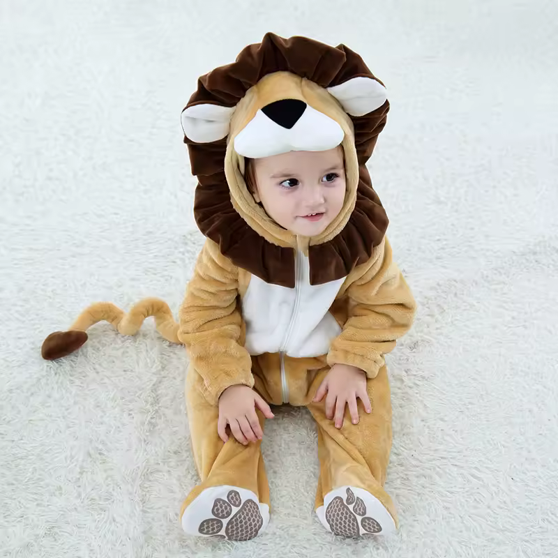 Cartoon Little King of Beasts Lion Costume Romper Jumpsuit for Baby Boy Infant Toddler Winter Outfit Pajamas Flannel Comfy 3-36M - Image 2