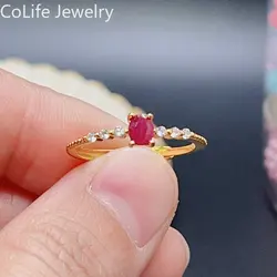 Myanmar Ruby Ring for Daily Wear 3mm*4mm 0.15ct Natural Ruby 925 Silver Ring with Gold Plating Woman Birthday Gift