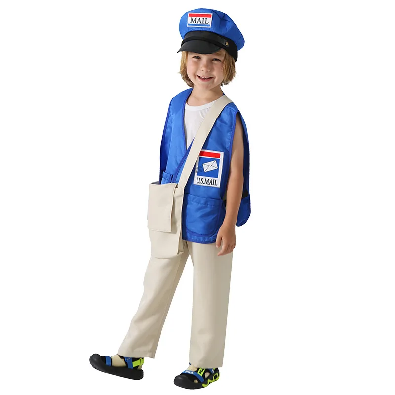 Boys Girls professional postman Cosplay mail carrier Uniform Costume Halloween Kid with Hat mail carrier