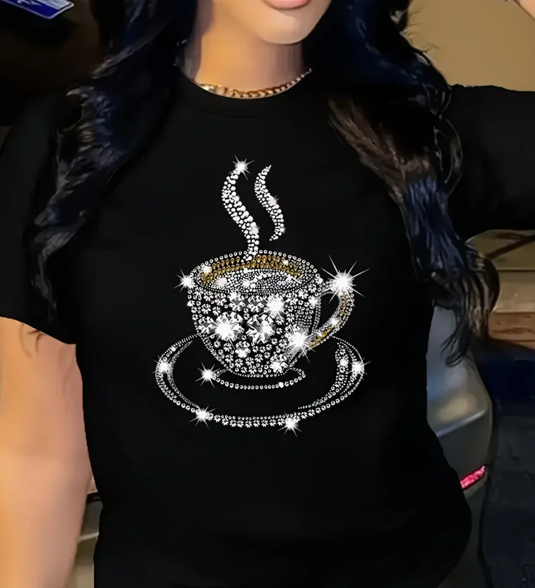 Women Rhinestone Coffee Cup T Shirt Glitter Coffee Lover Print Short Sleeve O Neck Casual Tops Black Streetwear Daily Wear