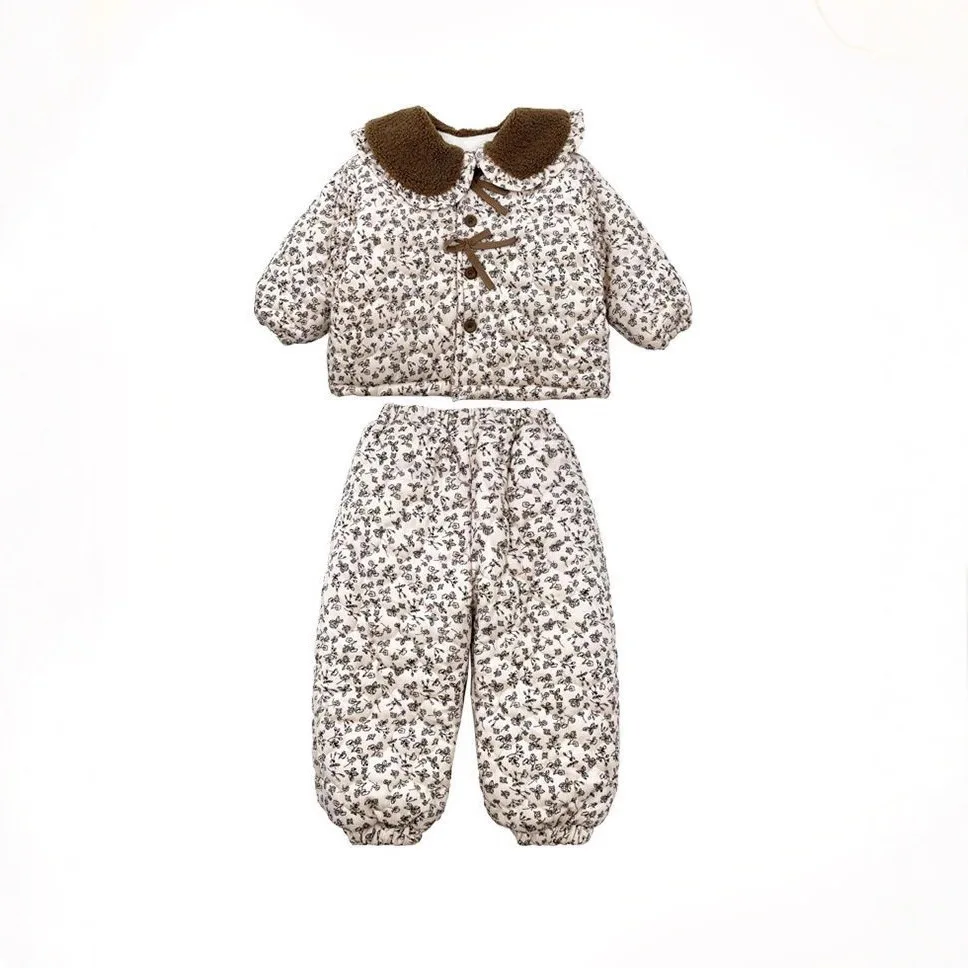 

Winter Kids Girls 2PCS Clothes Set Peter Pan Collar Printed Padded Parkas Suit Floral Fleece Thicken Children Girl Pants Outfits
