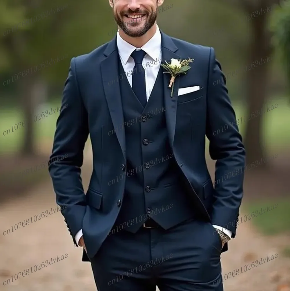 

Navy Blue Formal Men Suit Groom Groomsman Wedding Party Prom Business Male Tuxedos 3 Piece Set Blazer Vest Pants Customized