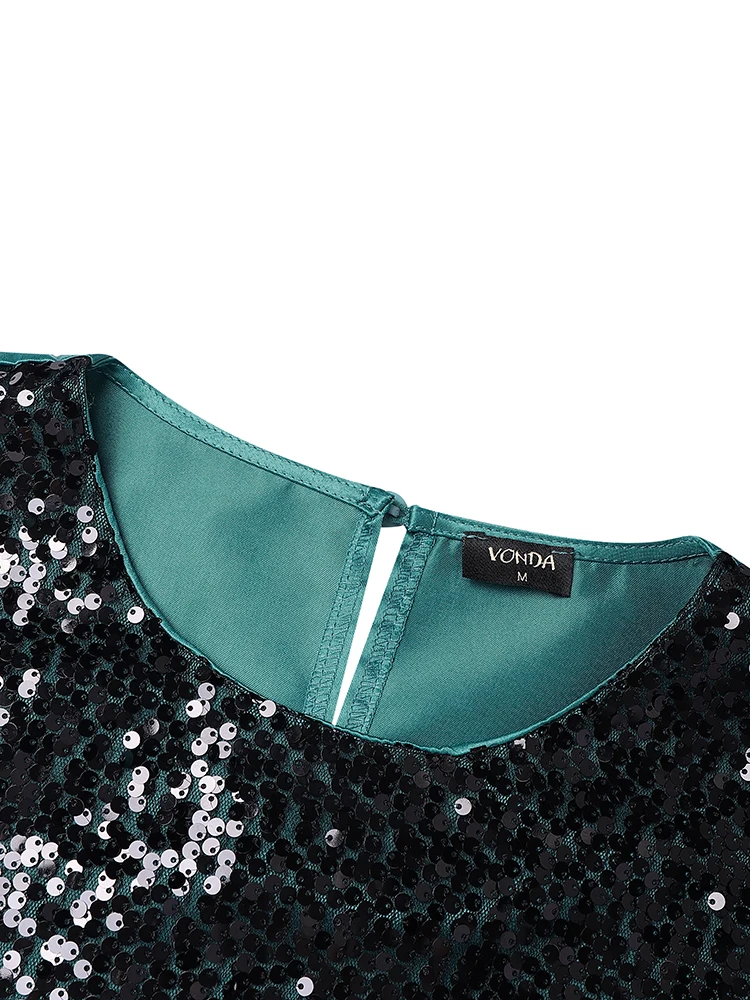 Abito da donna taglie forti VONDA Bohemian Party Abiti lunghi Splicing con paillettes Maxi abiti da donna Moda manica 3/4 Abito in raso 5XL