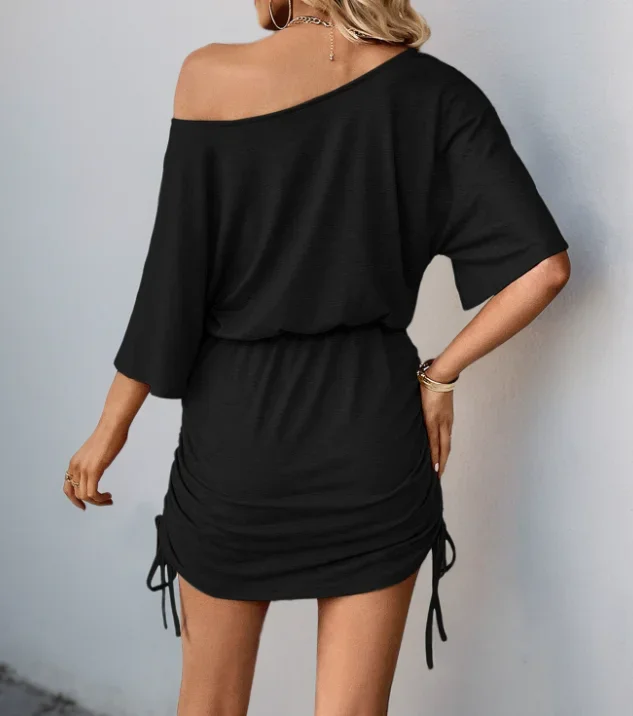 ชุดเดรสฤดูร้อนเซ็กซี่ผู้หญิงมินิมอลลิสต์อเนกประสงค์แขนค้างคาวจีบเอวสูงเชือกรูดชุดเดรสสีทึบ