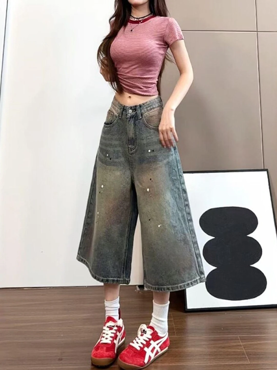 

American Style Faded Denim Short Pants Women Summer plus Size Loose Slim Wide Leg Mid-Calf Casual Seven-Five Pants