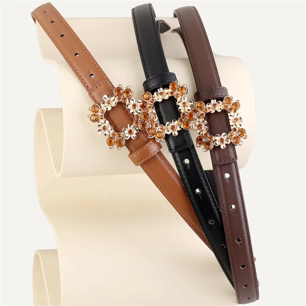 Luxury Zircon Buckle Leather Belt for Women Autumn Winter Thin Coat Decoration Waistbelt Smooth Buckle Elegant Belts