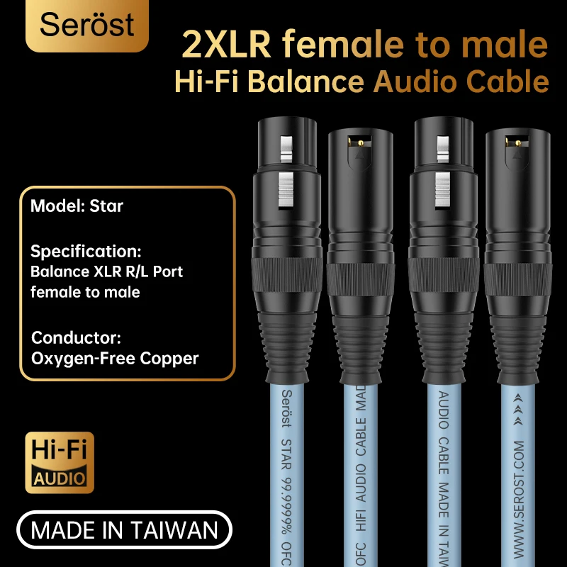 Serost Taiwan HiFi 99.9999% Oxygen-Free Copper 2XLR Male to Female Audio Balance Cable for CD DAC DSP Amplifier Active Speaker