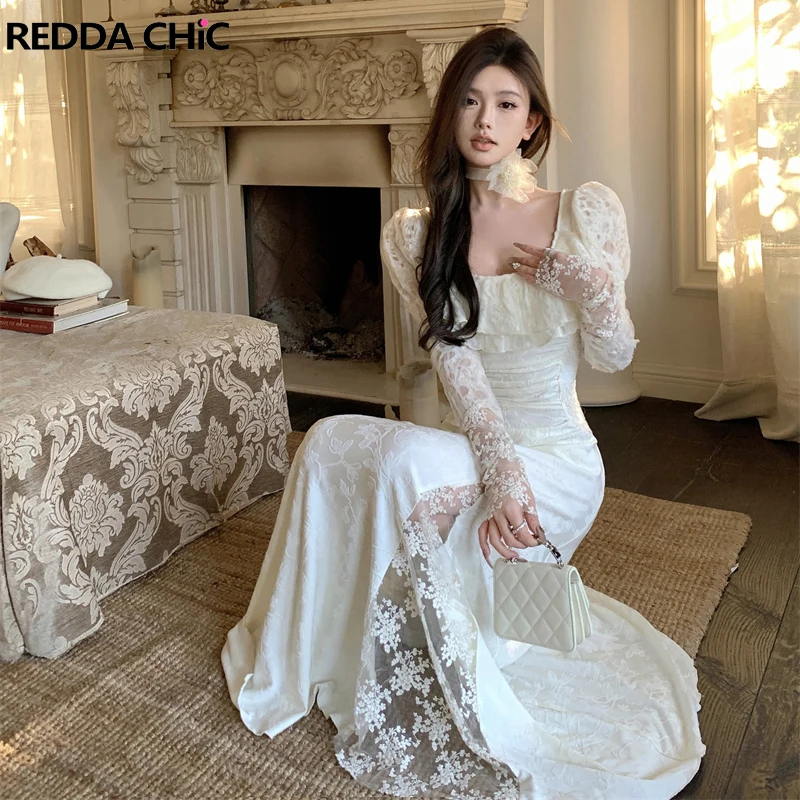 

ReddaChic Square Neck Puff Sleeves Long Dress Women Retro Lace Spliced Velvet Strappy Pleated Ruffle Pretty Elegant One-piece