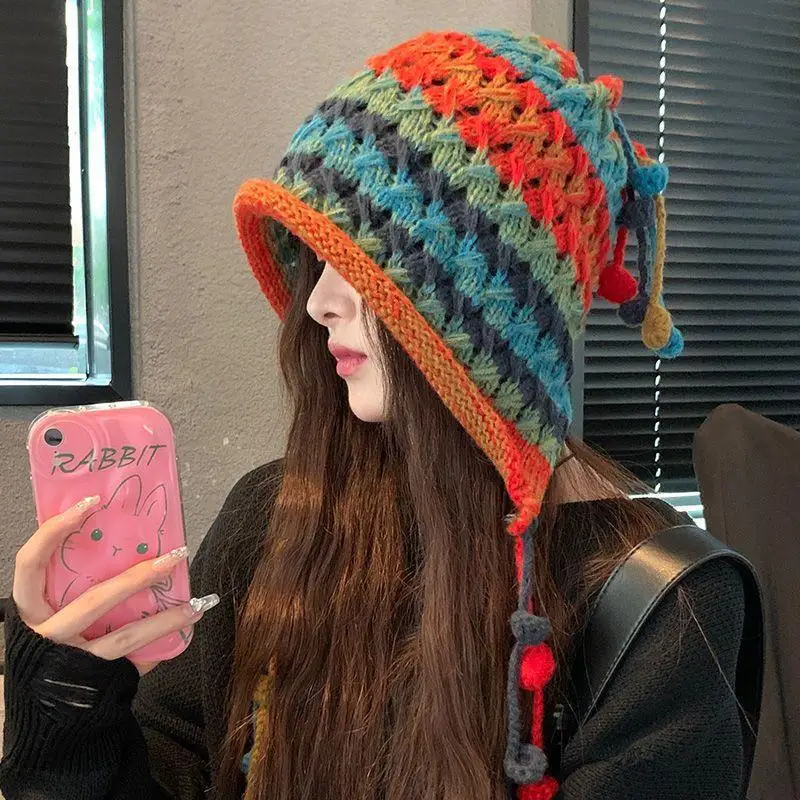 Winter Red Hat Women's Girl Autumn And Winter Warm Tassel Sweet And Cute Pullover Hat Handmade Knitted Ear Protection Hat