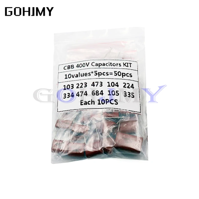 

KIT 50PCS=10value*5PCS Metallized Polyester Film Capacitors CBB Assortment 400V 10nF ~ 3.3UF