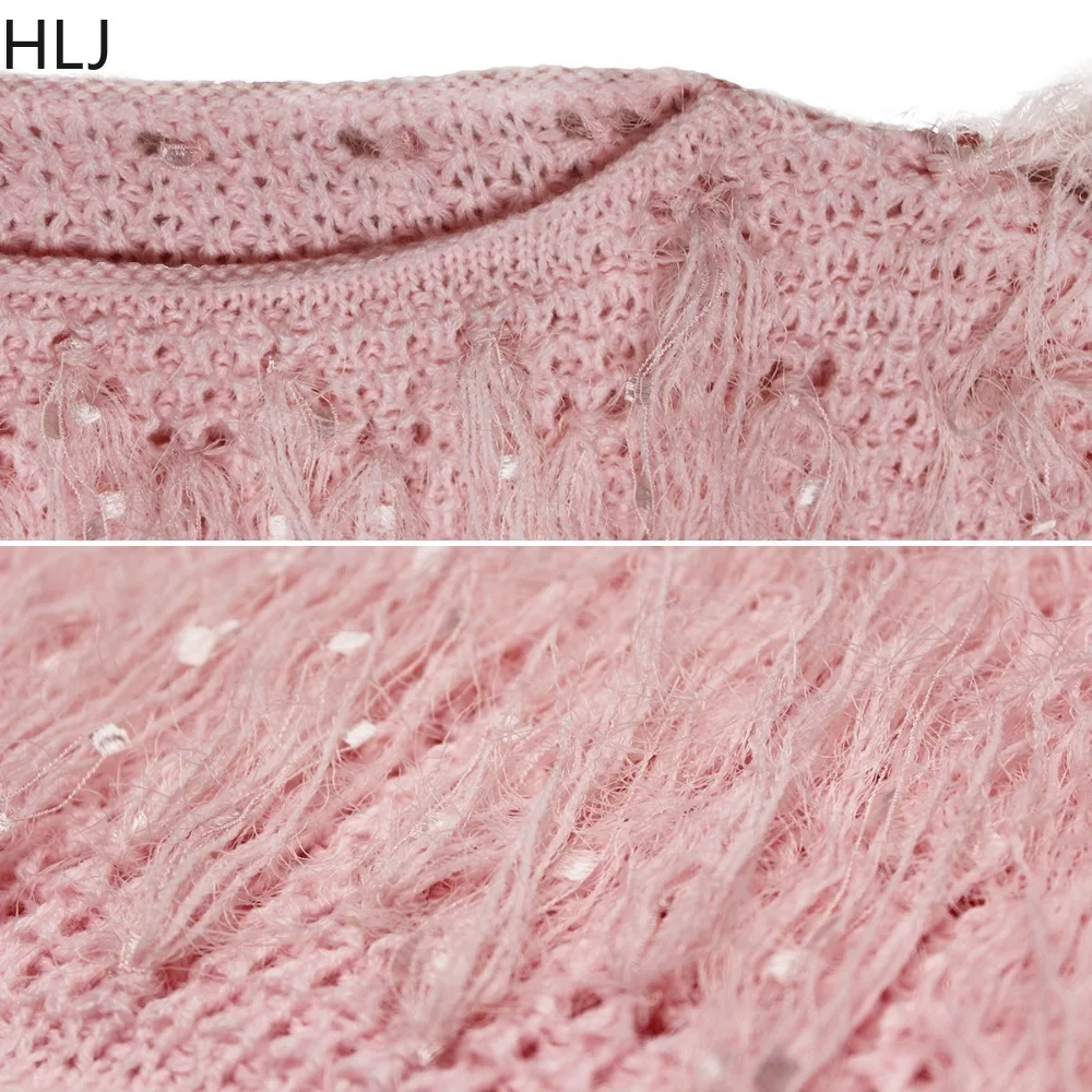 HLJ Fashion Streetwear Women Tassel Knitting Round Neck Long Sleeve Sweater Autumn Casual Solid Color Matching Pullover Top 2023