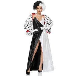 Halloween Black and White Cruella Movie Costume Women Sexy Halter Dress with White Black Spotted Cape Set Fashion