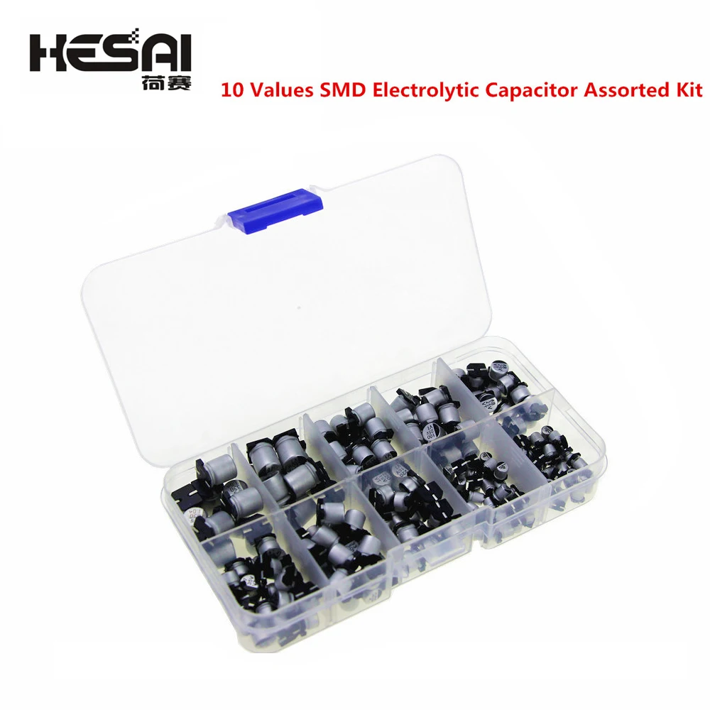 10 Values 200pcs SMD Electrolytic Capacitor Assorted Kit 10V~50V 1uF~470uF with Storage Box