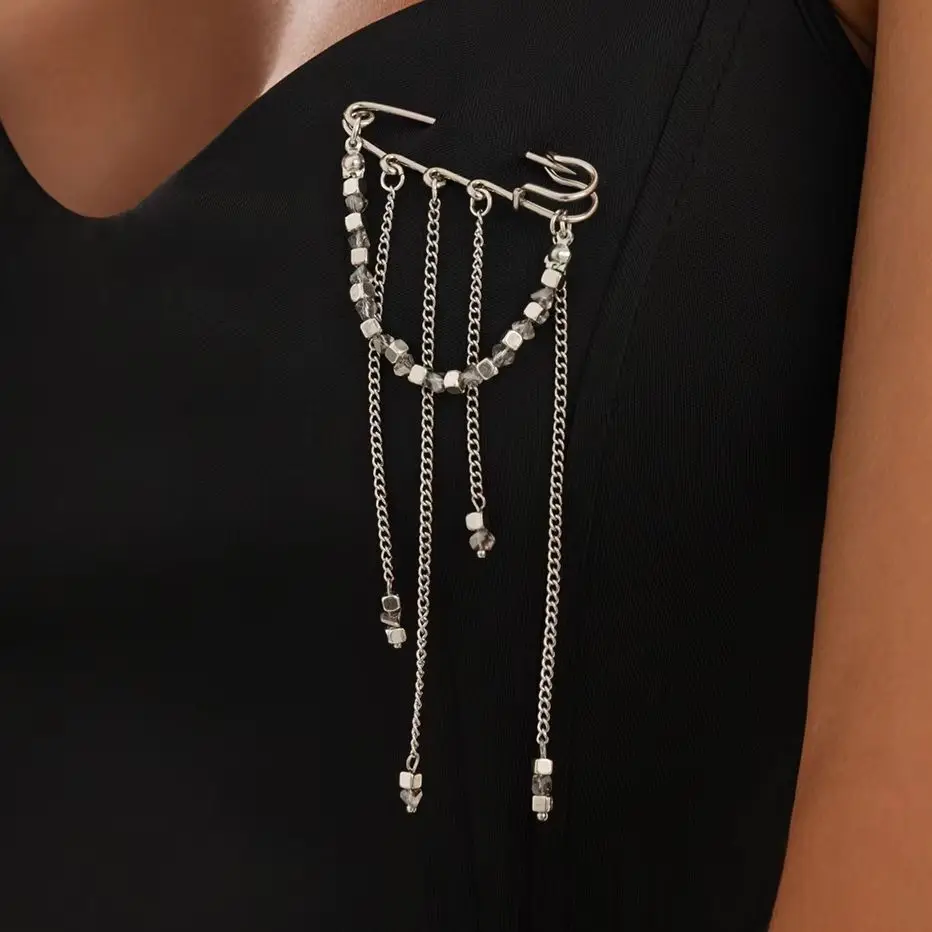 KunJoe 2027 Creative Crystal CCB Beaded Tassel Metal Brooches Women Adjusting The Pant Legs Belt Pin Clothing Jewelry Accessory