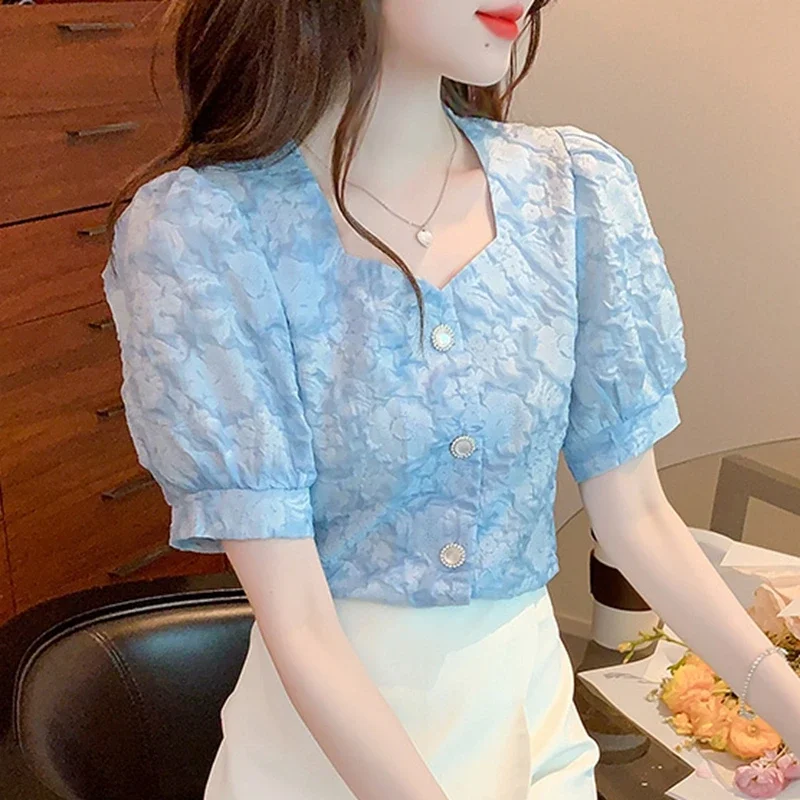 Vintage Summer Chiffon Shirts Women 2024 Elegant Fashion Short Sleeve Casual Blusas Korean Style White Puff Sleeve Tops Blouses