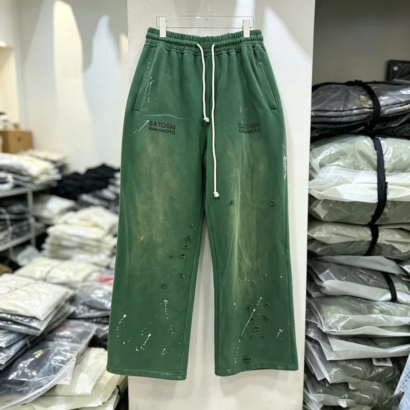 Satoshi Nakamoto Splashed Ink Hole Damaged Sweatpants Men Women Drawstring Loose Track Pants Washed Distressed Jogger Trousers