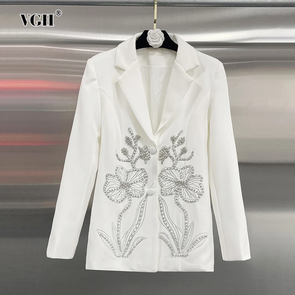 

VGH Elegant Chic Spliced Sequins Blazer For Women Notched Collar Long Sleeve Patchwork Button Temperament Designer Coats Female