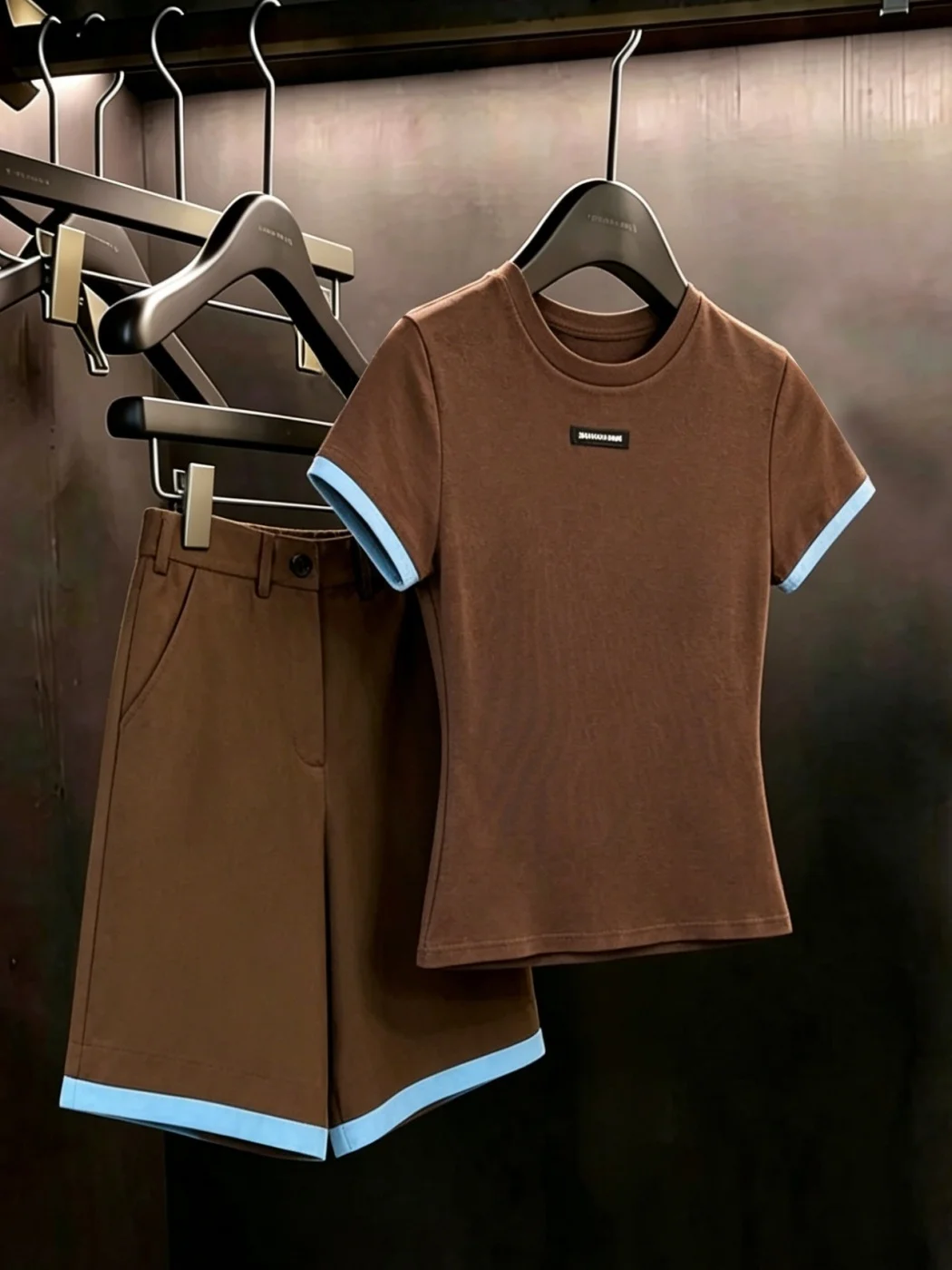 Casual Sporty Slim Fit Two Piece Set for Women Brown Color Block Summer Outfit High Waist Korean Style Commute Fashion