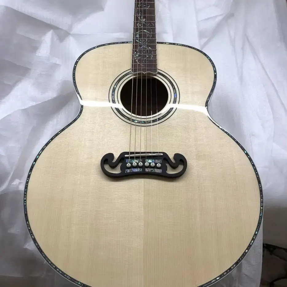 All Solid Wood 43 Inches Spruce Top Flame Maple Side/Back Jumbo Body Acoustic Guitar Abalone In Natural