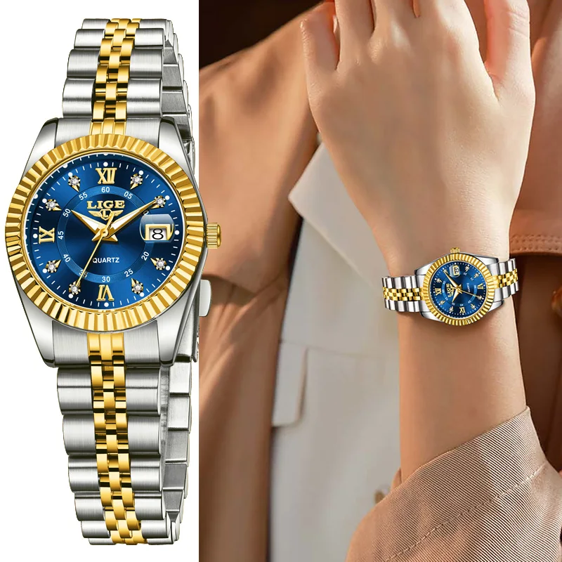 

LIGE женские золотые классические кварцевые часы женские элегантные часы роскошные подарочные часы женские водонепроницаемые наручные часы для женщин