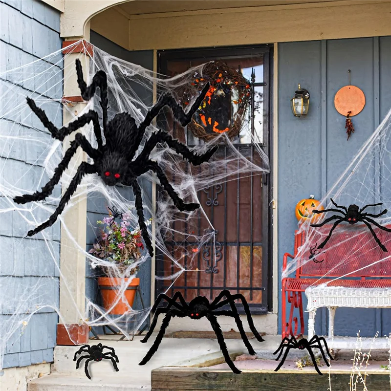 ABLK Decoraciones de Halloween Arañas peludas, 3 paquetes de araña gigante Decoración de Halloween falsa para patio interior al aire libre