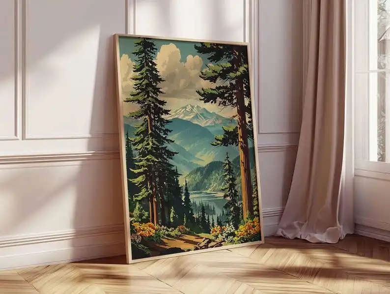 1pc Retro Mountain Forest Canvas Wall Art Poster, Unframed Nature Landscape Poster Prints for Living Room and Bedroom Decortions