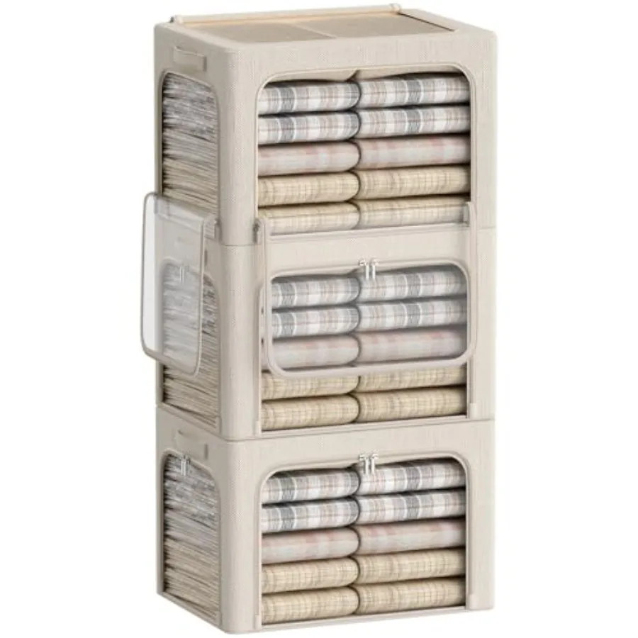 

3 Openings Clothes Storage Bins Box - 3Pack Stackable Foldable Storage Bin - Metal Frame Storage Box Clothing Storage Organizer