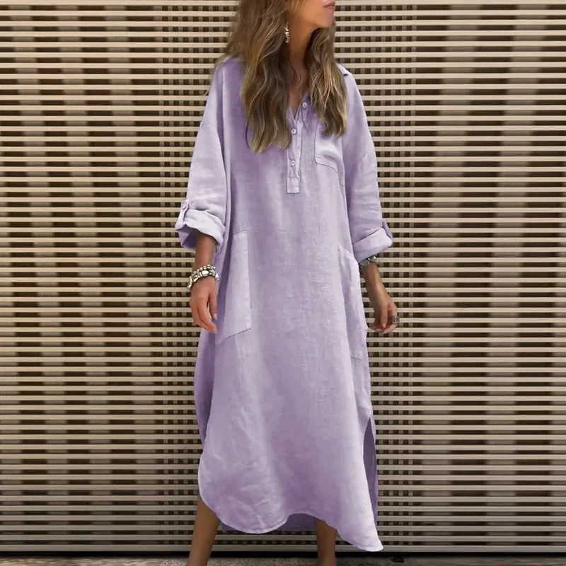 

Autumn Spring Simple Blend Women Dress Long Sleeve Button Stand Collar Side Slit Long Dress Casual Solid Cotton Loose Maxi Dress