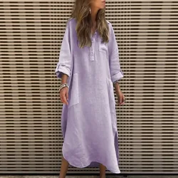 Autumn Spring Simple Blend Women Dress Long Sleeve Button Stand Collar Side Slit Long Dress Casual Solid Cotton Loose Maxi Dress