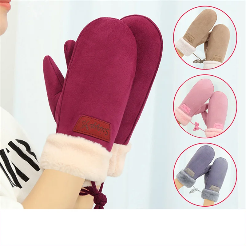 Women Winter Faux Fur Gloves Outdoor Windproof Keep Warm Velvet Mittens Female Fashion Solid Color Plush Neck Hanging Gloves