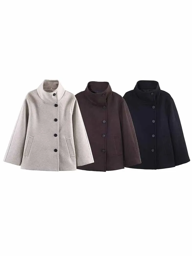 HH Woman New Fashion Long Sleeves High Collar Single Breasted Pocket Decoration Solid Short Coat Female Casual Street Jacket