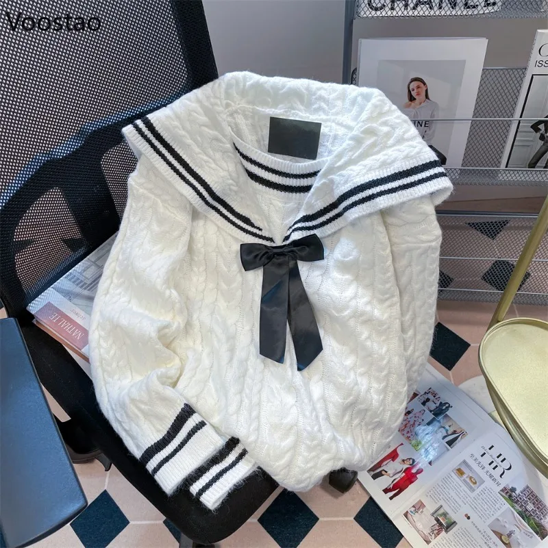 Autumn Winter Preppy Style Knitted Pullover Coat Women Sweet Sailor Collar Bow JK Sweaters Vintage Y2k Warm Jumper Knitwear Tops