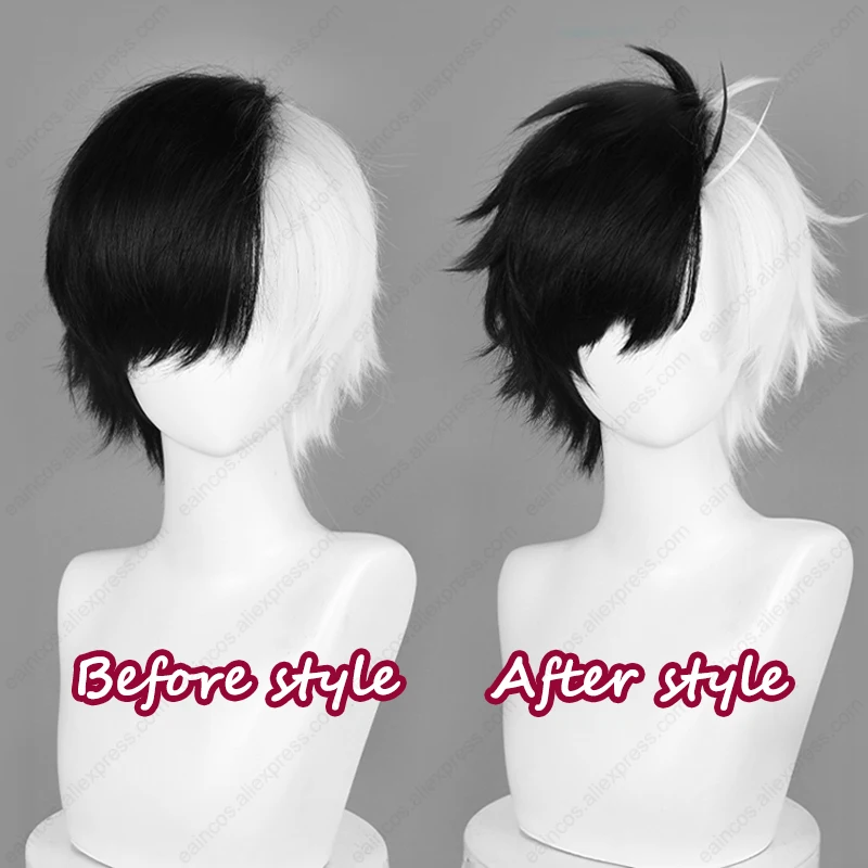 Wig Cosplay Sakura Haruka 30cm Wig pendek hitam campuran putih Wig permainan peran rambut sintetis tahan panas