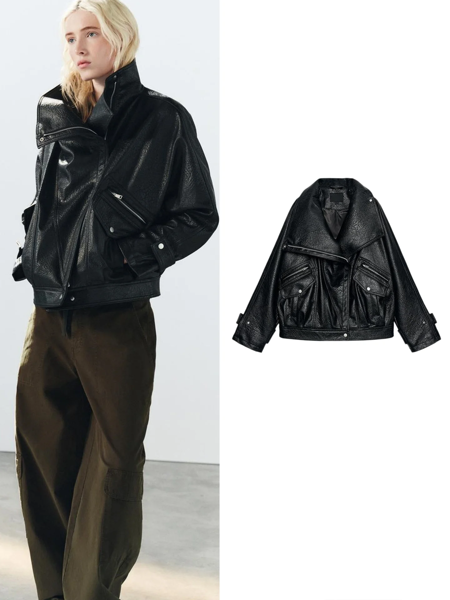 Fall New Women's Biker Style Short Jacket Zipper Shoulder Drop Long Sleeve Stand Collar Polyester Fiber Functional Fashion
