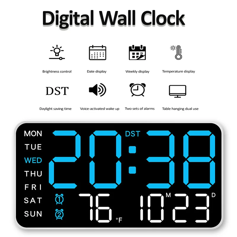 LED Digital Wall Clock Remote Control Temperature Date Week Display Brightness Adjustment 12/24H Electronic Clock Home Decor