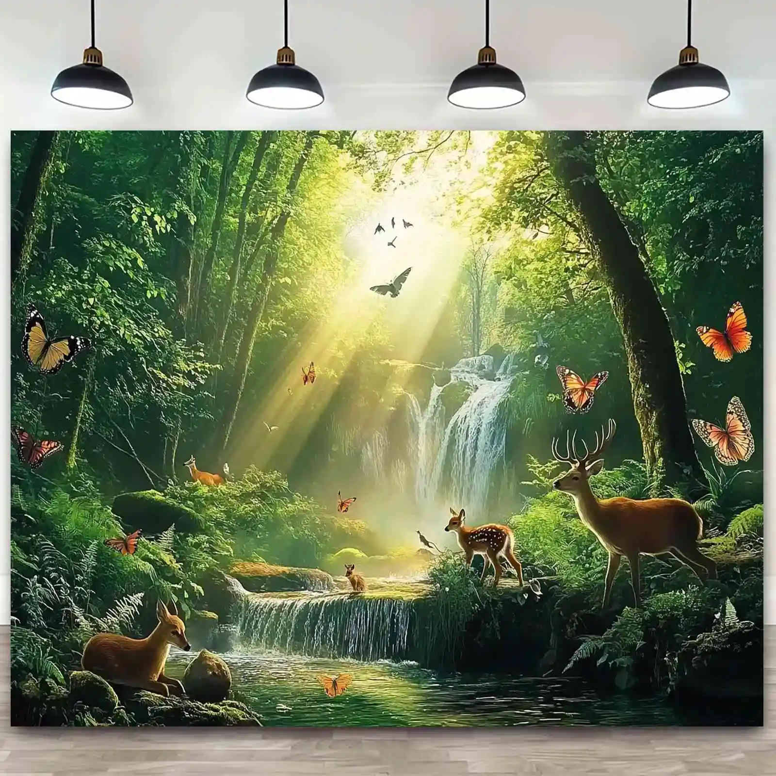 2D Flat, 1pc Large Forest Jungle Wall Mural Banner with Deer, Butterflies & Deer - Lush Green Trees, Waterfall & Foliage - Self-