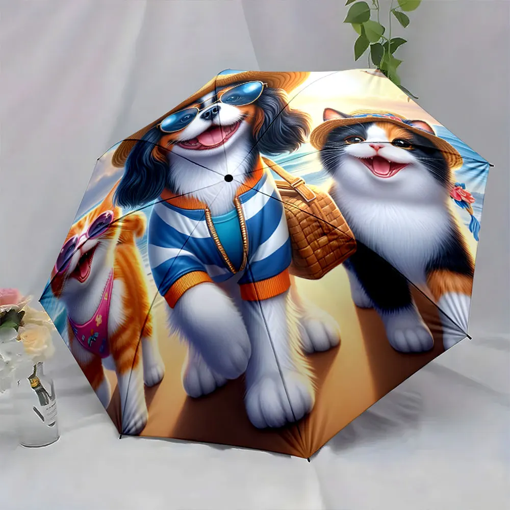 1PC Pet Beach Adventure Design on Umbrella Print 8 Iron Ribs Folding Umbrella Auto-Open Fashion Sunshade