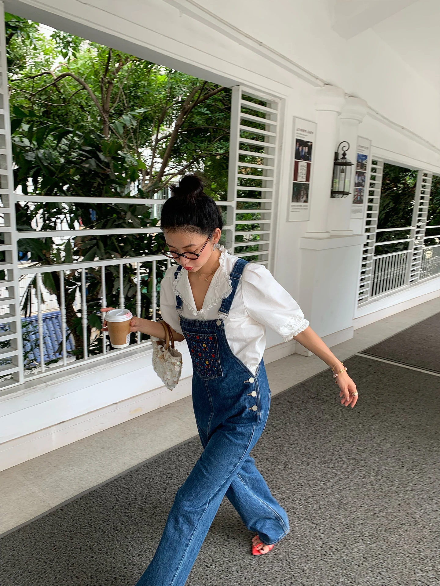 

Women's Denim Overalls 2025 Early Autumn New Design Embroidery Versatile Cotton High Waist Asymmetric Straight Leg Blue Jeans