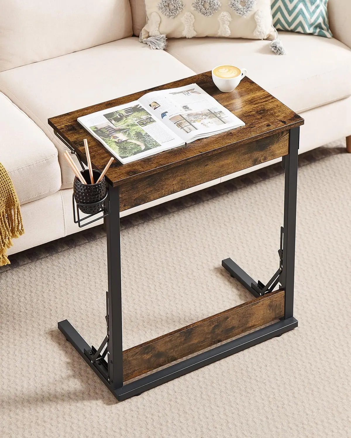 

24" Upgraded Folding TV Tray Table, Foldable C Shaped End Table for Couch, TV Tray with Cup Holder, Small Sofa-Side Laptop Desk