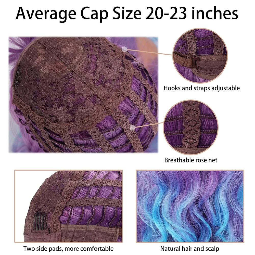 Purple And Blue Ombre Synthetic Wavy Long Curly Bangs Are Suitable For Women'S Daily Party Fluffy And Heat-Resistant Lolita Wigs