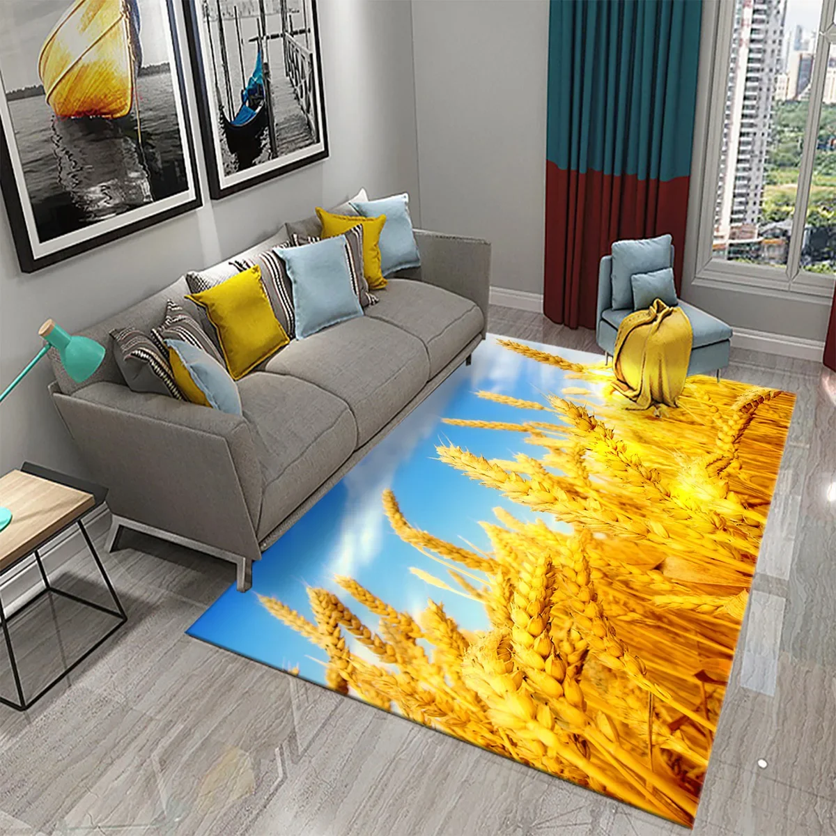 3D Golden Wheat Field Carpet for Bathroom Kitchen Non-Slip Area Mat Farm Fields Wood Board Home Bedroom Decor Living Room Carpet