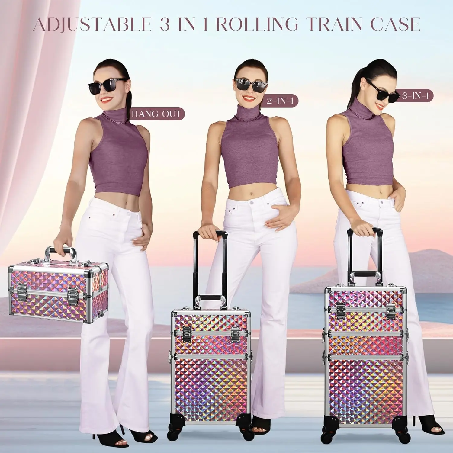 Trousse de maquillage sur roulettes, valise de maquillage à roulettes, trousse de maquillage extra large avec 4 plateaux, chariot de maquillage sur roulettes avec serrures, trousse de maquillage portable, chariot pour outils de coiffure et de manucure, chariot pour artistes, trousse de maquillage 3-en-1 démontable, chariot de beauté.