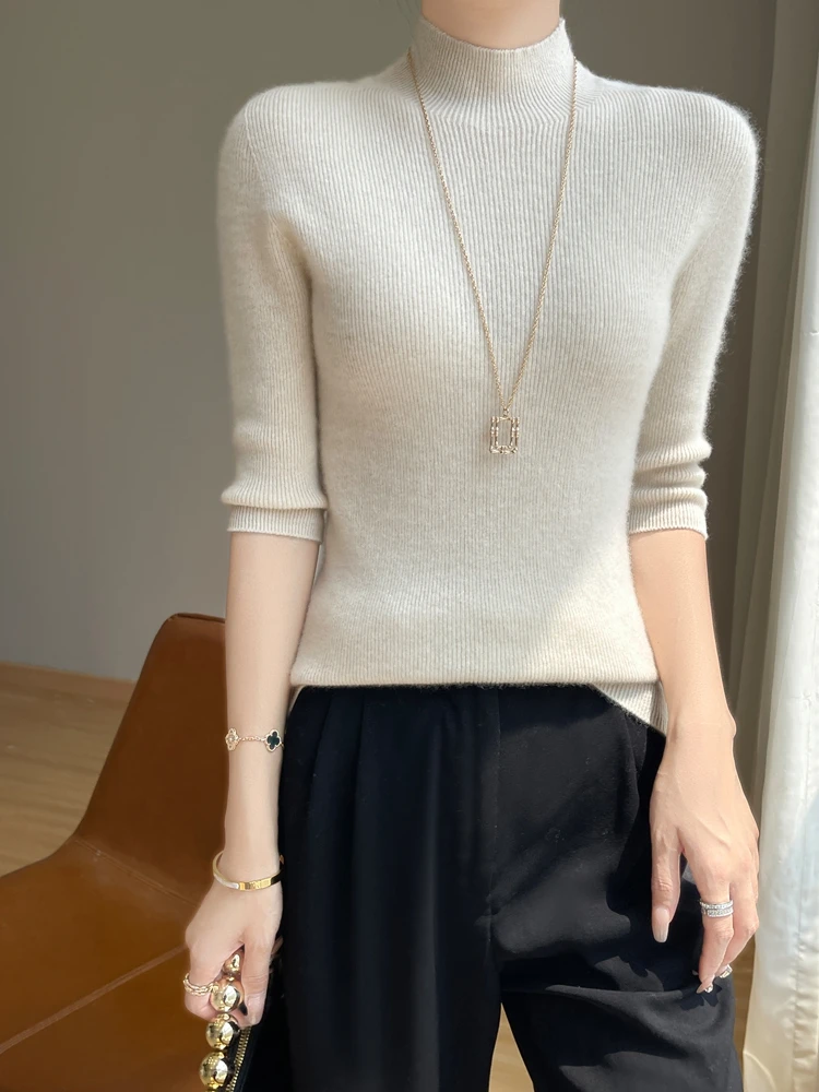 2025 New Fall Winter Sweater Half High Collar Pullover Half Sleeve Knitwear Women's SLIM Sweater Fashion Comfortable Sweater Top