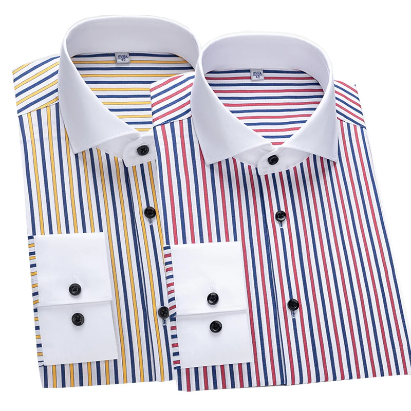 2024Men\'s shirt long sleeved slim fit striped Windsor collar contrasting color collar business casual one line collar shirt