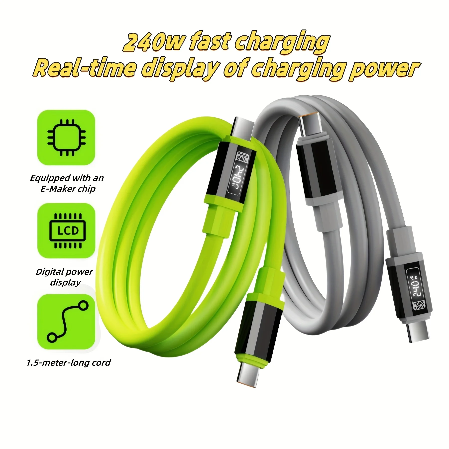 

240W Silicone Digital Display Super Fast Charging USB C To Type-C Cable with Real-Time Power Display for Huawei, Xiaomi, Samsung
