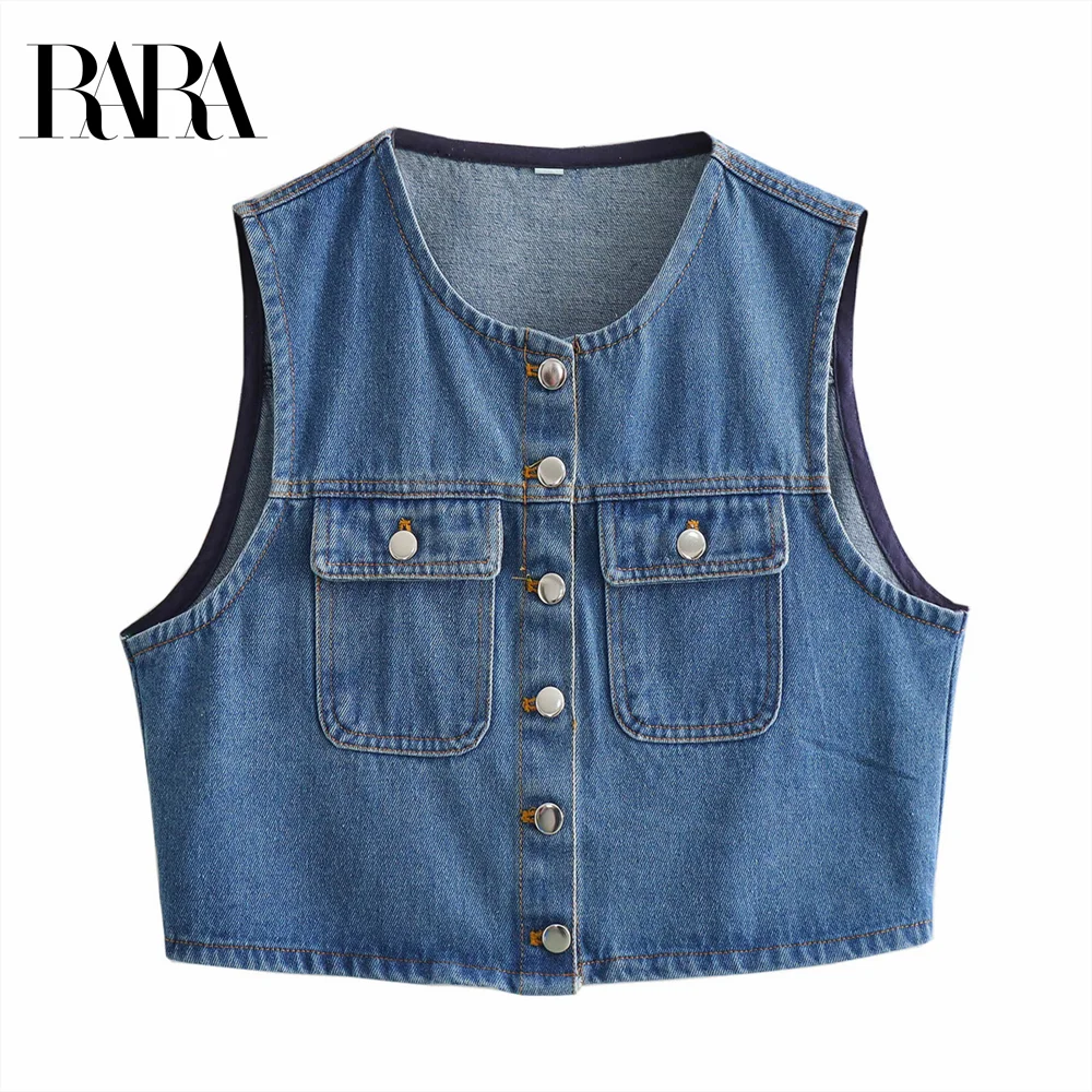 

2025 RARA summer new women's fashion casual retro style round neck single breasted pocket decoration loose denim vest